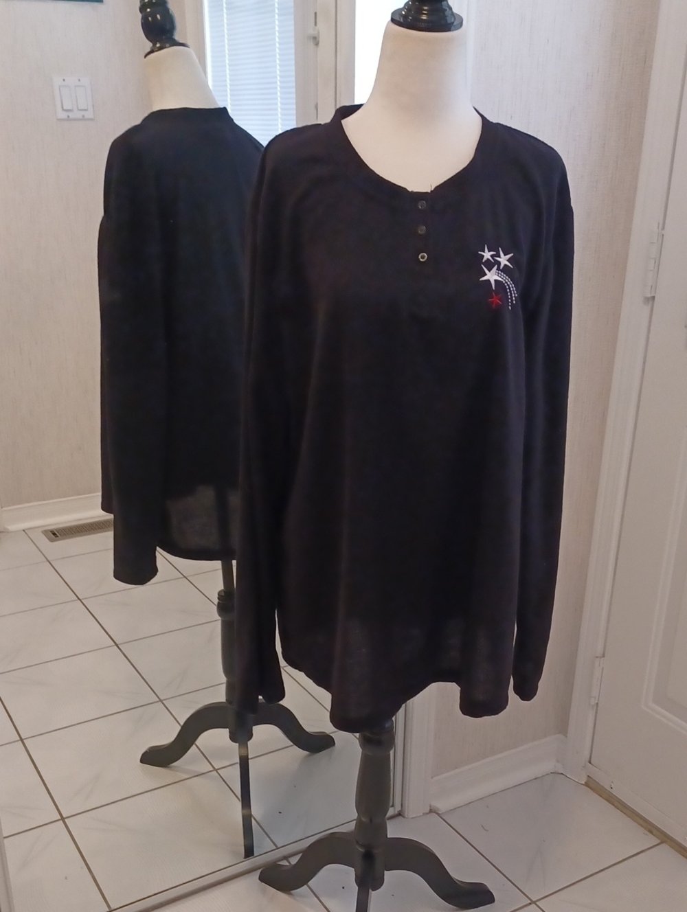 4/$80 Black Long-Sleeve Henley Shirt with Star Embroidery - Size XXL